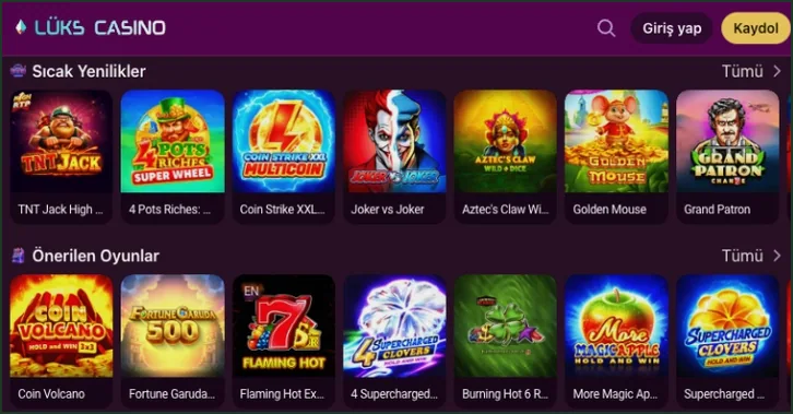 Two stacked rows of game thumbnails, headed Sıcak Yenilikler and Önerilen Oyunlar, fill the slot lobby view.