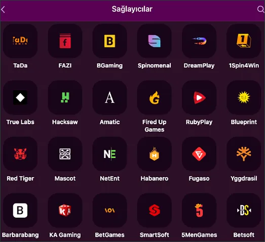 Scrolled down, the Sağlayıcılar page lists studio icons from TaDa and FAZI through Barbarabang, KA Gaming, BetGames, SmartSoft, 5MenGames and Betsoft.