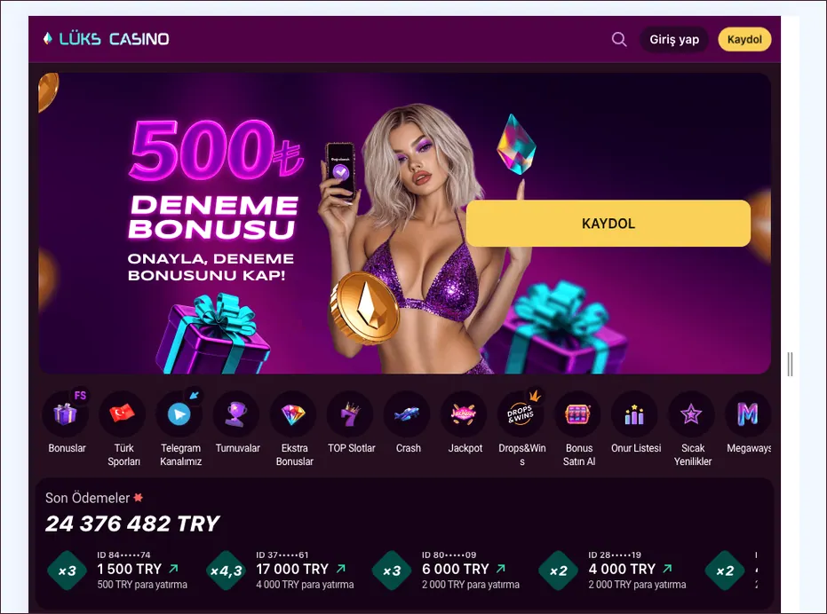 In a browser frame, the homepage shows a 500₺ trial-bonus banner, a shortcut row and a 6 000 TRY card beneath Son Ödemeler.