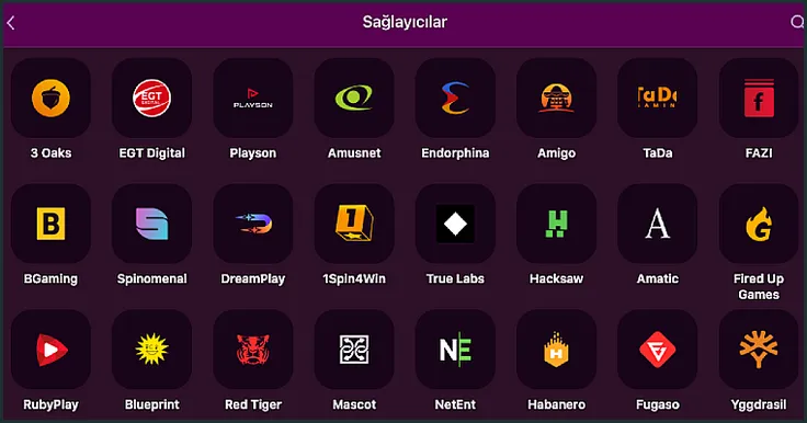 Üç sıralı simge ızgarasında 3 Oaks, EGT Digital ve Playson'dan FAZI, BGaming ve Yggdrasil'e uzanan oyun sağlayıcı logoları sıralanıyor.
