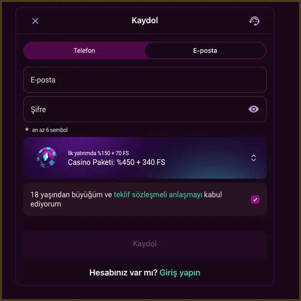 E-posta sekmesindeki kayıt formunda Casino paketi 450% + 340 FS seçili ve 18+ onay kutusu işaretlenebilir durumda.