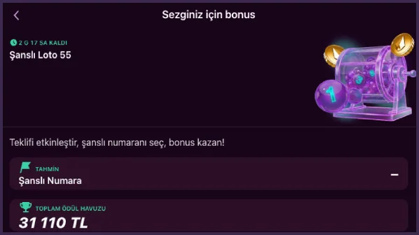 Sezginiz için bonus ekranında Şanslı Loto 55 kartı, Tahmin altındaki Şanslı Numara alanı ve 31 110 TL toplam ödül havuzu görülüyor.