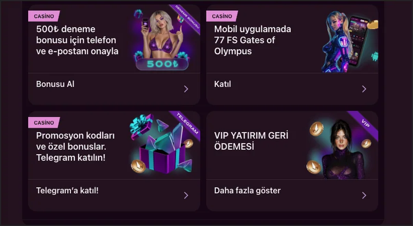 Four dark promo cards: Bonusu Al for the 500₺ trial, Katıl for 77 FS Gates of Olympus, Telegram'a katıl! and Daha fazla göster for VIP.