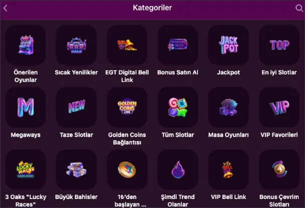 Kategoriler menüsü Sıcak Yenilikler, Bonus Satın Al, En iyi Slotlar, Taze Slotlar, Tüm Slotlar ve Masa Oyunları simgelerini alt alta sıralıyor.