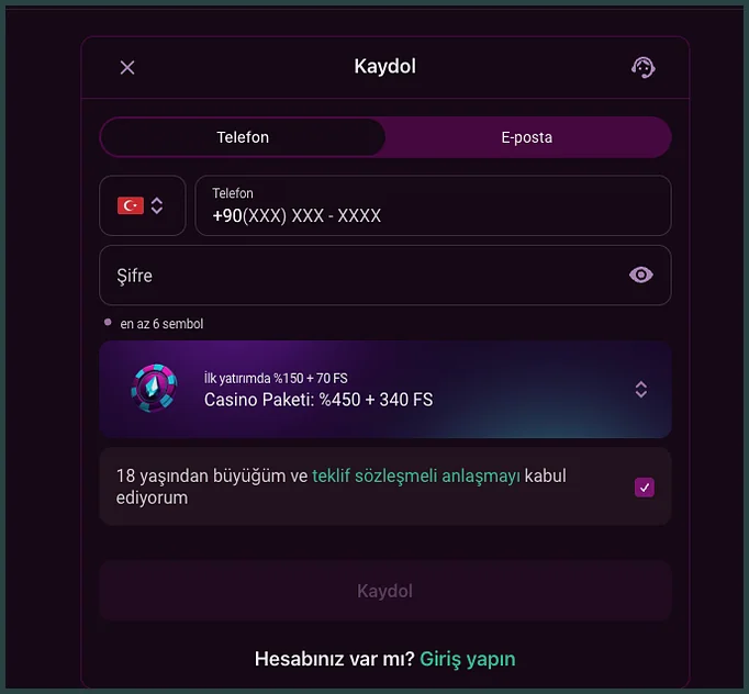 Kayıt formunun Telefon sekmesinde +90 telefon alanı, şifre kutusu ve Casino paketi seçimi alt alta duruyor.