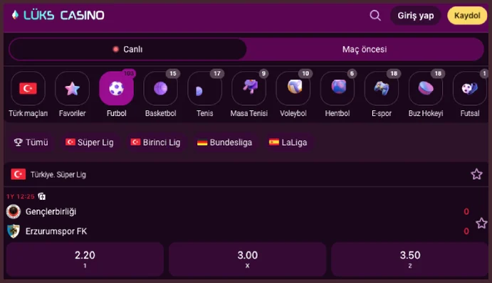 With Futbol picked on the Canlı tab, the Süper Lig fixture Gençlerbirliği - Erzurumspor FK lists prices of 2.20, 3.00 and 3.50.